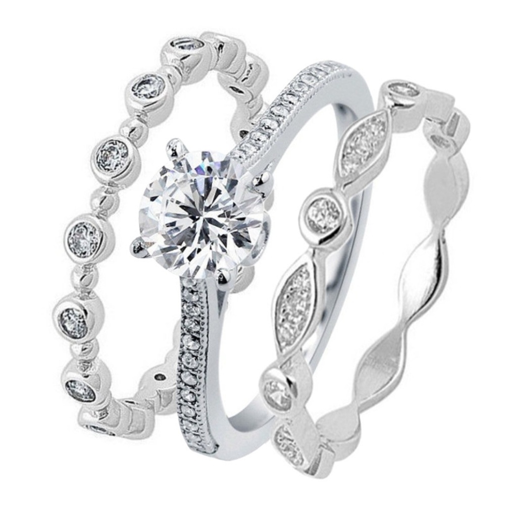 3 PC Solid Sterling Silver Wedding Ring Band Set